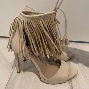 ZARA Suede Ankle Fringe Tie Sandals
